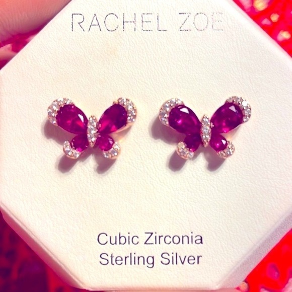 Brand New Rachel Zoe Sterling Silver Magenta Butterfly Post Earrings - Picture 5 of 12